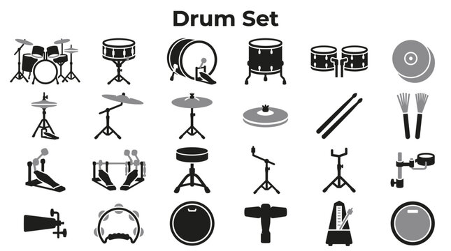 Set of musical percussion instruments and drum kit components including cymbals and drumsticks isolated on white background