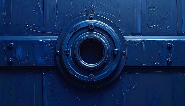 Close up of a blue metal circular door handle.