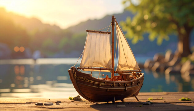 Wooden sailboat lake sunlight