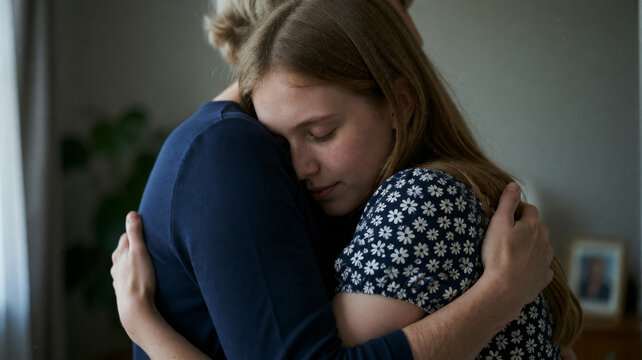 Girl hugs someone close, eyes closed in comfort