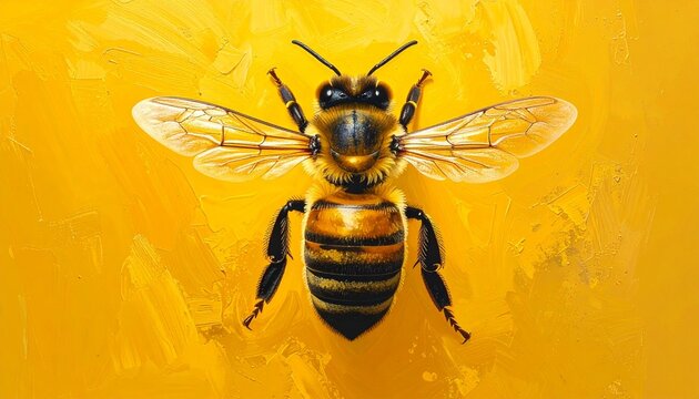 Close up of a honeybee on a yellow background.