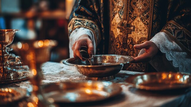 Priest pouring water into a metal bowl during a church ritual. Lavabo washing ceremony in ornate dark and gold vestments. Holy liturgy sacrament