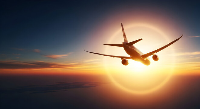Airplane Flying Above a Golden Sunset with Vibrant Clouds in the Sky over a Serene Horizon