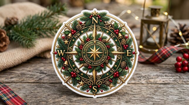Christmas compass ornament with holly and berries on rustic wooden table background