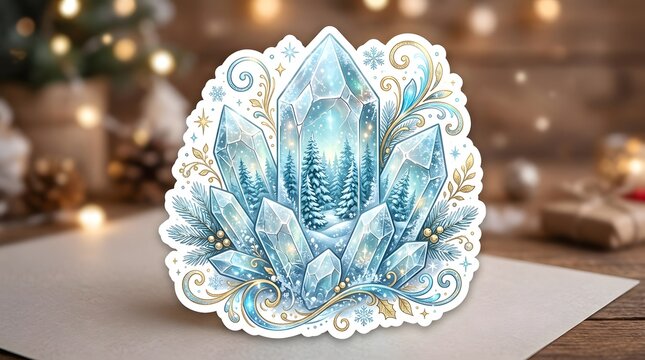 Watercolor crystal cluster sticker with winter forest inside on a festive holiday background