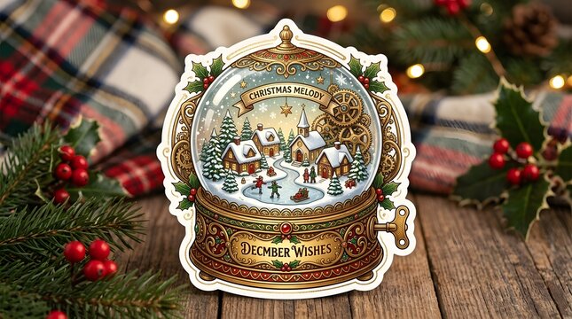 Vintage Christmas snow globe with winter village scene on rustic wooden table background