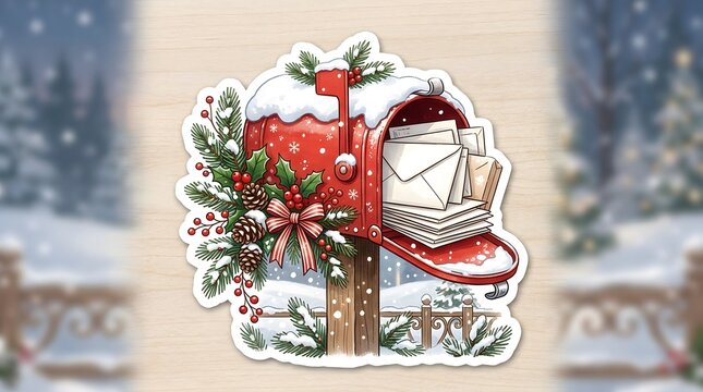 Red Christmas mailbox with letters and winter holiday decorations on a snowy background.