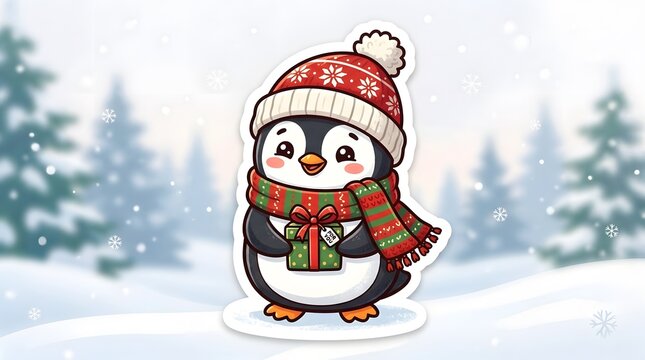 Cute cartoon penguin wearing a winter hat and scarf holding a Christmas gift in the snow.