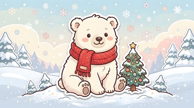 Cute polar bear wearing a red scarf sitting next to a decorated Christmas tree in winter