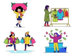 Fototapeta premium Set of winter shopping illustrations featuring women with bags, clothing racks, and holiday sales promotions.