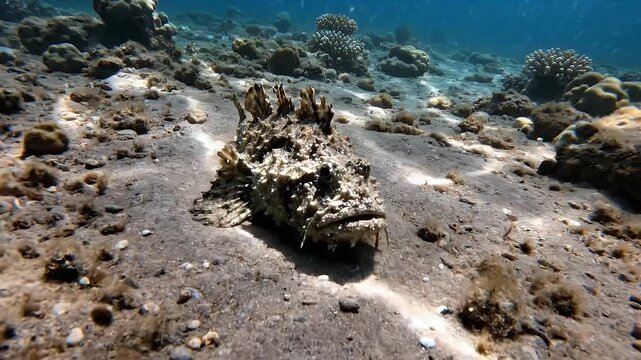 A camouflaged stonefish rests on the sandy seabed amidst coral reefs, showcasing underwater marine life in its natural habitat.