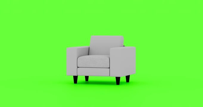 Modern grey 3D sofa popping up and bouncing smoothly onto floor over green screen background