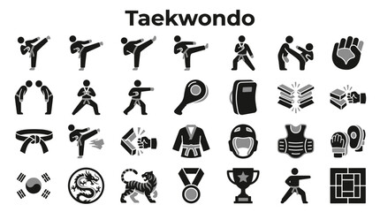 Fototapeta premium Set of Taekwondo martial arts icons including fighters training equipment protective gear and traditional symbols isolated on white background