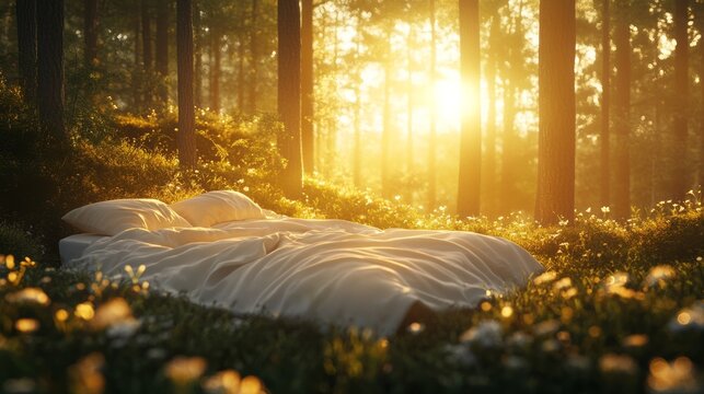 Cozy bed in a sunlit forest surrounded by tall trees and glowing golden light, dreamy outdoor scene with soft textures and flowers creating a peaceful surreal atmosphere of comfort and natural harmony