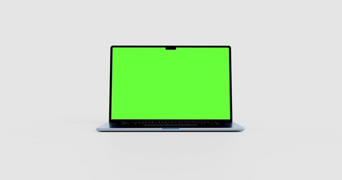 Green screen mockup of 3D laptop scaling up and rotating to face camera smoothly on white background