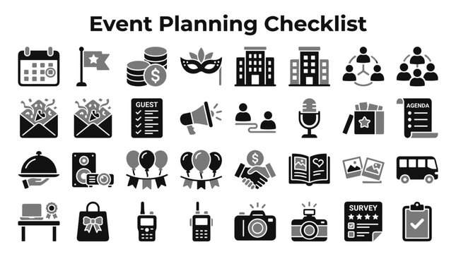 Event planning checklist icons set for organization and management of professional meetings and parties isolated on white background