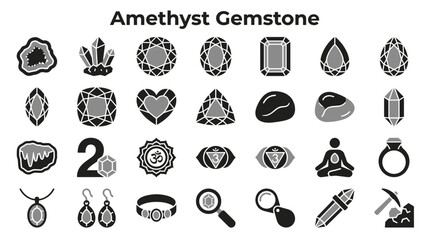 Fototapeta premium Set of amethyst gemstone icons featuring various cuts and jewelry designs for spiritual and luxury jewelry concepts isolated on white background