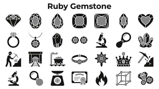 Set of flat ruby gemstone and jewelry icons depicting mining exploration identification and luxury accessories for professional jewelry design and gemology