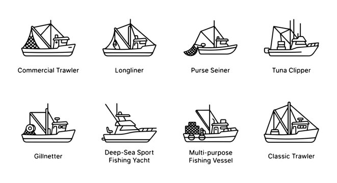 Fishing Vessel Icons: Commercial Trawler, Longliner, Purse Seiner, Tuna Clipper, Gillnetter, Yacht, Classic Trawler