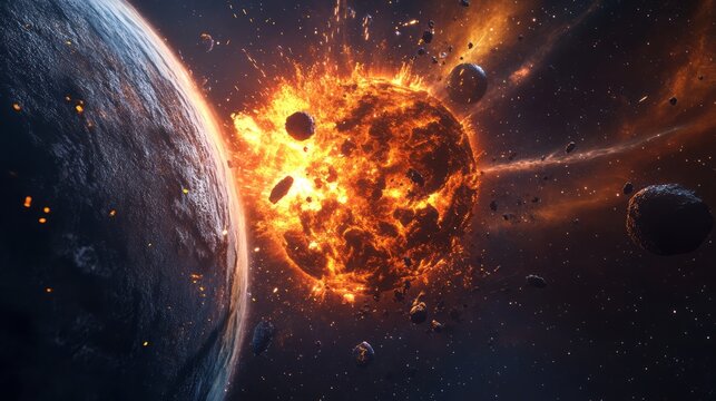 Epic space collision with exploding planet and fiery asteroids scattering across deep cosmos dramatic scene with glowing debris intense light dynamic motion creating powerful science fiction universe