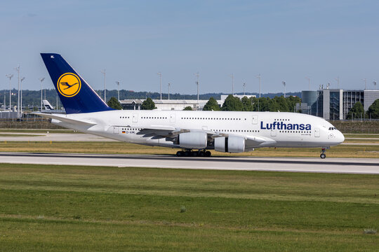 Lufthansa Airbus A380-800 airplane at Munich airport in Germany