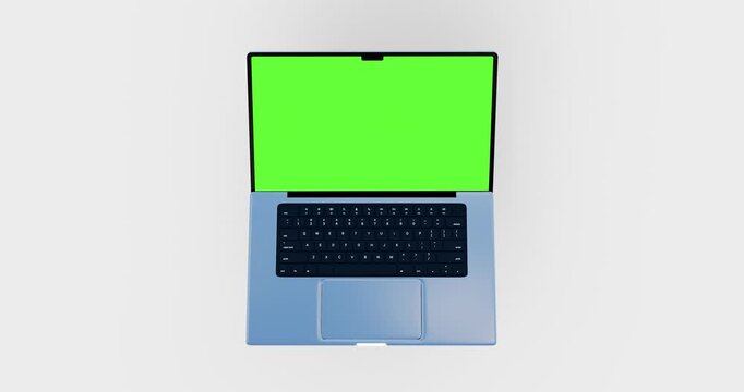Chroma key screen replacement showing silver 3D computer dropping down and opening smoothly in overhead animation