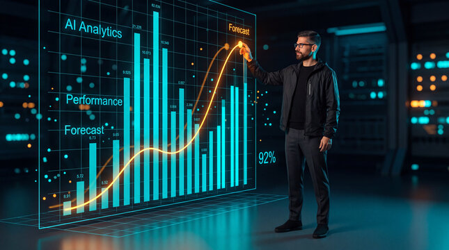 Financial analyst pointing at a holographic forecast chart with rising performance