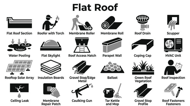 Flat roof construction and maintenance icons collection showcasing various roofing materials equipment and building components on isolated background