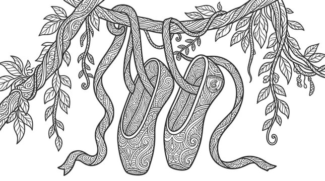 Intricate black and white vector illustration of ballet shoes hanging from winding tree branches with detailed patterns for coloring