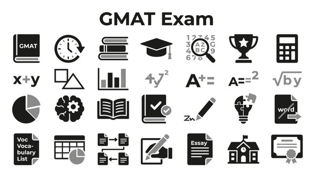 Set of GMAT exam preparation icons featuring educational materials and academic testing symbols for graduate school admission and standardized test studies
