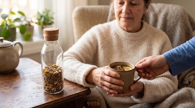 Elderly woman sitting in a chair holding a warm mug of tea while a person offers her a ad social media download thambnail poster web template event festival 2026 2027 2028