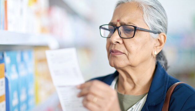 Confused senior woman checking the shopping and the receipt 