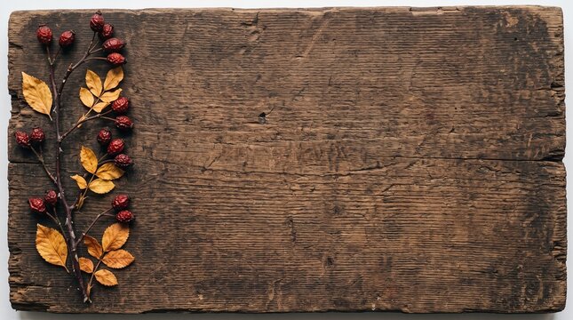 Dried rosehips and leaves on rustic wooden board