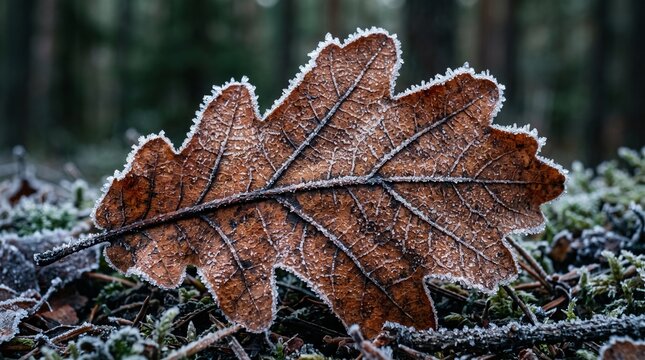 Close-up of a dry oak leaf covered in delicate frost