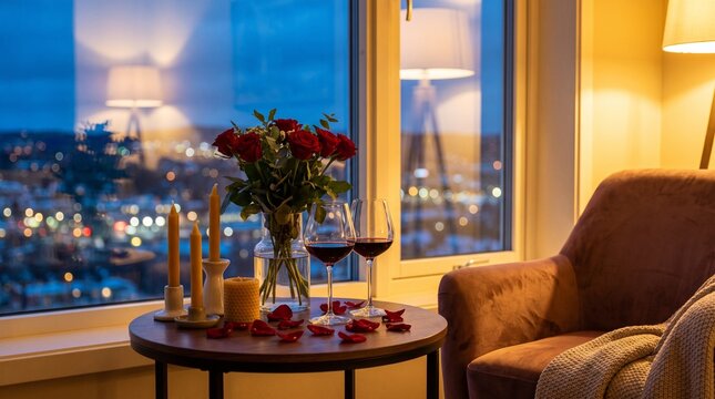 Romantic Valentine Dinner with Red Roses and Wine Overlooking City Lights
