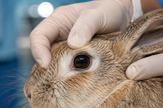 Close-up veterinary examination of a rabbit eye with gloved hands carefully inspecting the animal during medical care
