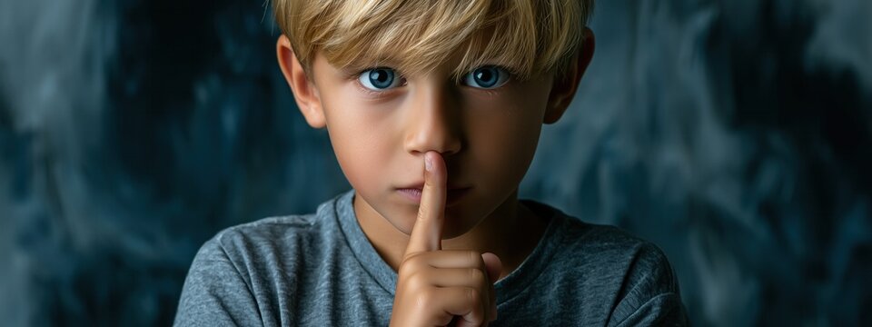 Enfant blond, aux yeux bleus, v&ecirc;tu d'un t-shirt, regardant l'objectif avec une expression dramatique sur le visage, un doigt sur la bouche pour cacher un secret, portrait en gros plan, vue panoramique