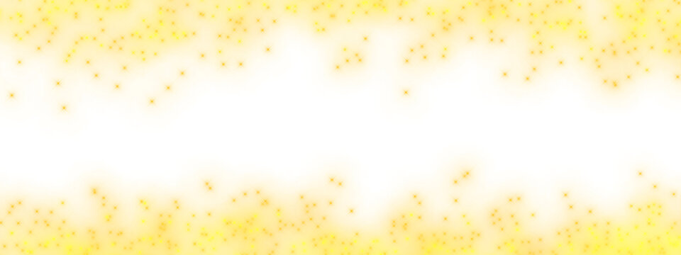 Glittering golden dust border on a transparent background. Sparkling light particles with glowing shimmer effect for festive holiday, party and luxury design. PNG image
