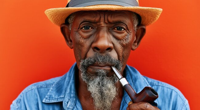 Portrait d'un homme senior afro-am&eacute;ricain, rides profondes sur le visage, avec une barbe grises, fumant la pipe, portant une chemise bleue et un chapeau, sur fond rouge uni, vue en gros plan.