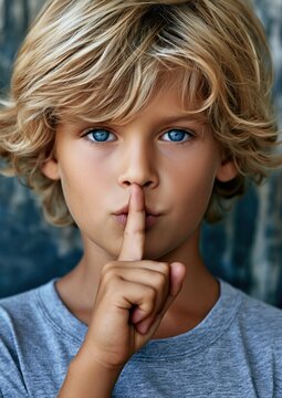 Jeune gar&ccedil;on blond, aux yeux bleus, v&ecirc;tu d'un t-shirt, regardant la cam&eacute;ra avec une expression s&eacute;rieuse sur le visage, un doigt sur la bouche pour demander le silence, portrait en gros plan