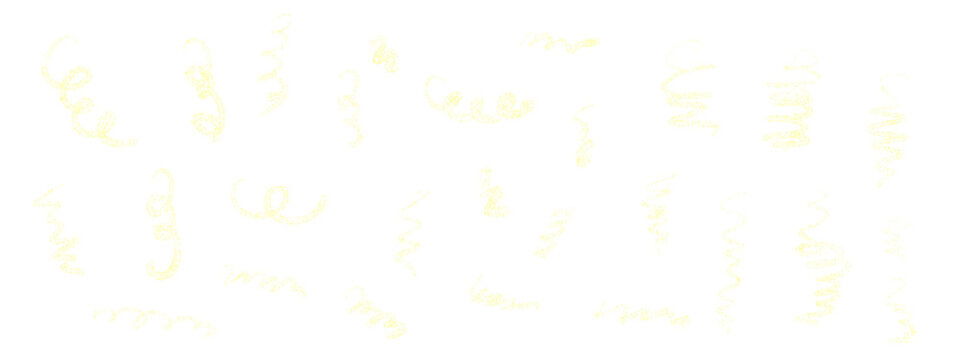 Golden glitter spiral confetti set on a transparent background. Sparkling curly streamers with shimmering texture for festive party, celebration and holiday design. PNG image