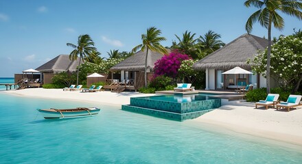 Fototapeta premium Luxury tropical resort villa with private pool on white sandy beach in Maldives.