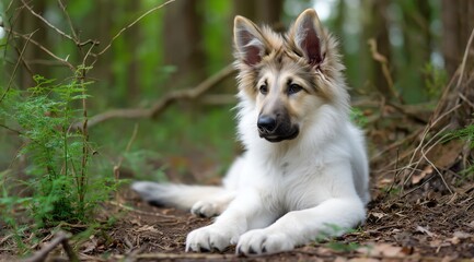Naklejka premium Un chien de race berger suisse à poils longs assis sur un chemin de terre en forêt à l'occasion d'une balade, image avec espace pour texte