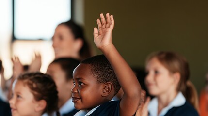 Fototapeta premium Young Child Raising Hand in Classroom with Adults, Raised Index Finger.