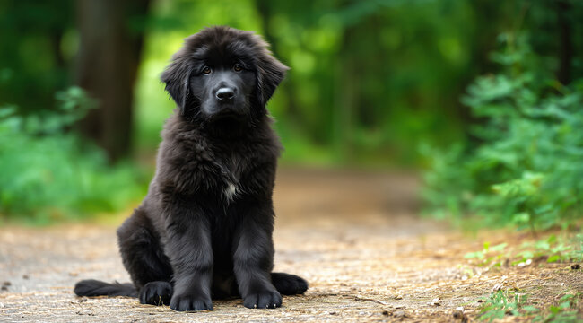 Un chiot de race Terre-Neuve &agrave; poil long, assis paisiblement dans une for&ecirc;t &agrave; l'occasion d'une balade, vue de face, image avec espace pour texte.