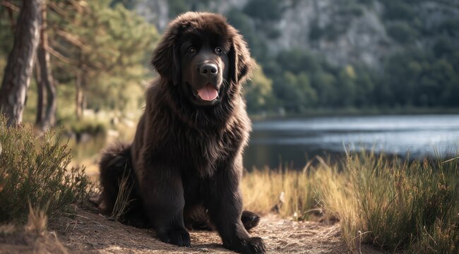 Un chiot de race Terre-Neuve &agrave; poil long au bord d'un lac, assis paisiblement &agrave; l'occasion d'une promenade, vue de face, image avec espace pour texte.