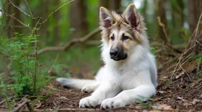 Un chien de race berger suisse &agrave; poils longs assis sur un chemin de terre en for&ecirc;t &agrave; l'occasion d'une balade, image avec espace pour texte