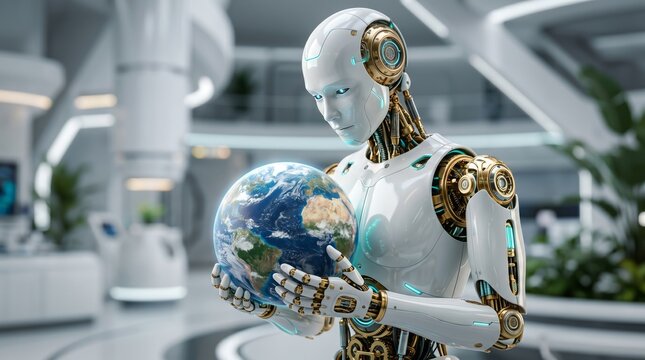 Humanoid robot holding glowing digital earth globe in clean laboratory showing artificial intelligence robotics global network technology automation innovation future and connected planet innovation