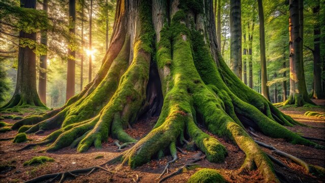 A large gnarled tree trunk rises from the forest floor its ancient bark etched with moss and weathered wisdom