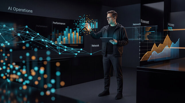 Businessman reviewing AI operations performance charts on a holographic dashboard